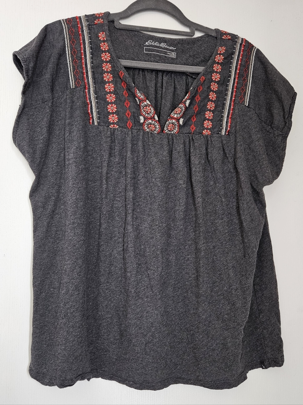 Eddie Bauer Grey 100% Cotton Embroidered Yoke Cap Sleeve Top, 2XL, XXL, 16-20